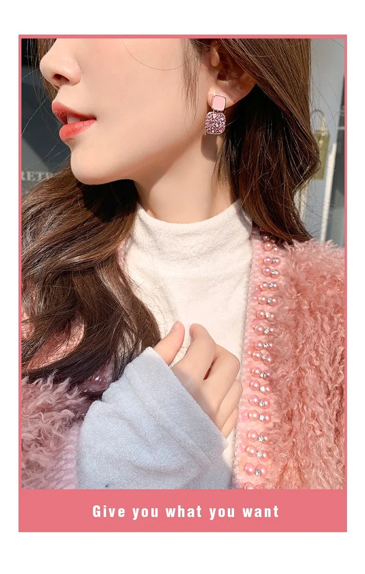 S925 Silver Needle Purple Personality Square Rhinestone Dripping Oil New Temperament Net Red Earrings Wedding Gift Jewelry