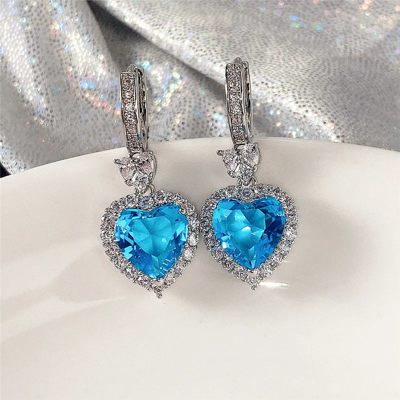 Huitan Blue/Garnet Heart Cubic Zirconia Wedding Earrings for Women Eternity Love Earrings Engagement Accessories Fashion Jewelry