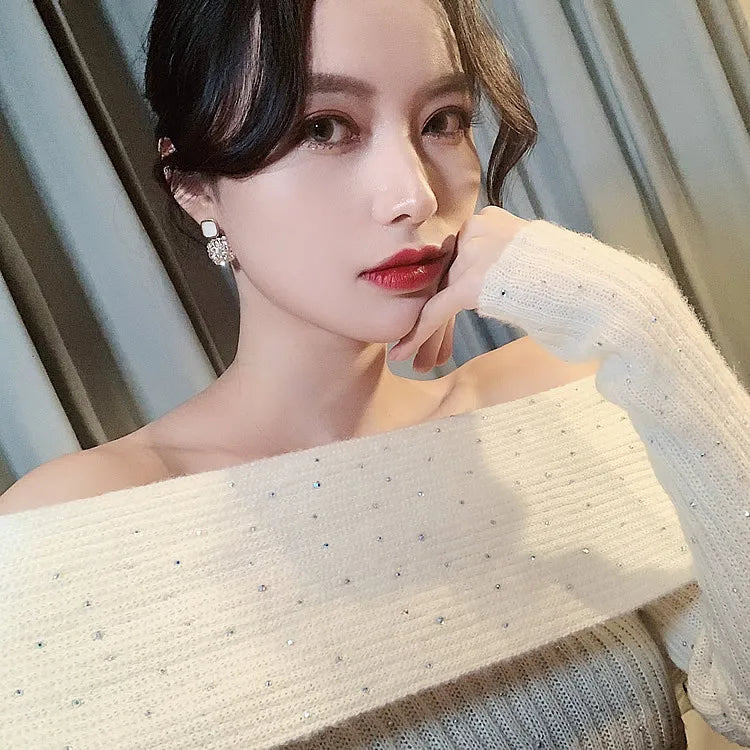 S925 Silver Needle Purple Personality Square Rhinestone Dripping Oil New Temperament Net Red Earrings Wedding Gift Jewelry