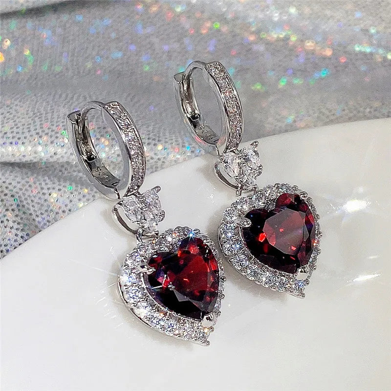 Huitan Blue/Garnet Heart Cubic Zirconia Wedding Earrings for Women Eternity Love Earrings Engagement Accessories Fashion Jewelry
