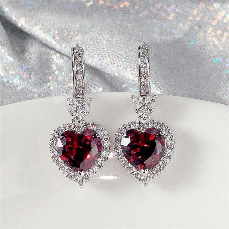 Huitan Blue/Garnet Heart Cubic Zirconia Wedding Earrings for Women Eternity Love Earrings Engagement Accessories Fashion Jewelry