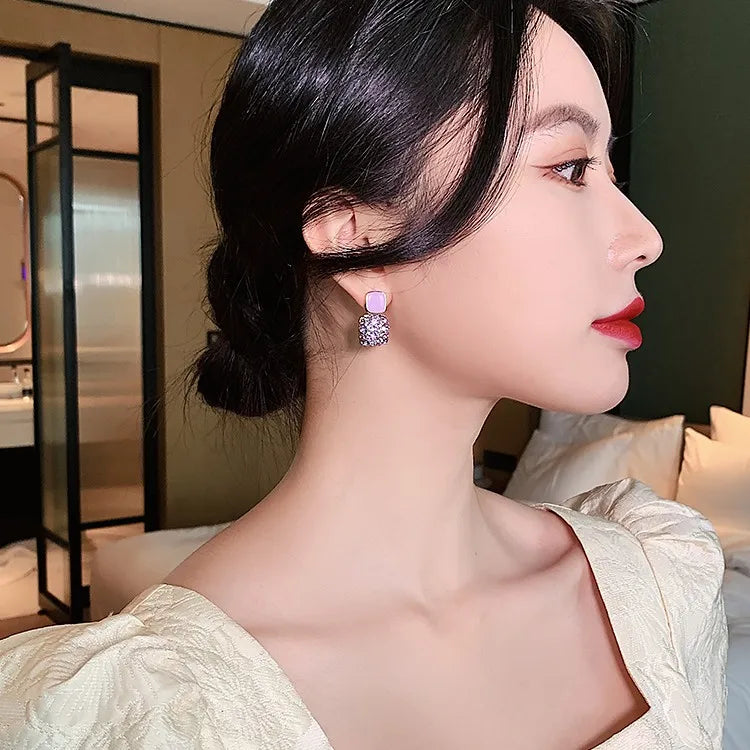 S925 Silver Needle Purple Personality Square Rhinestone Dripping Oil New Temperament Net Red Earrings Wedding Gift Jewelry