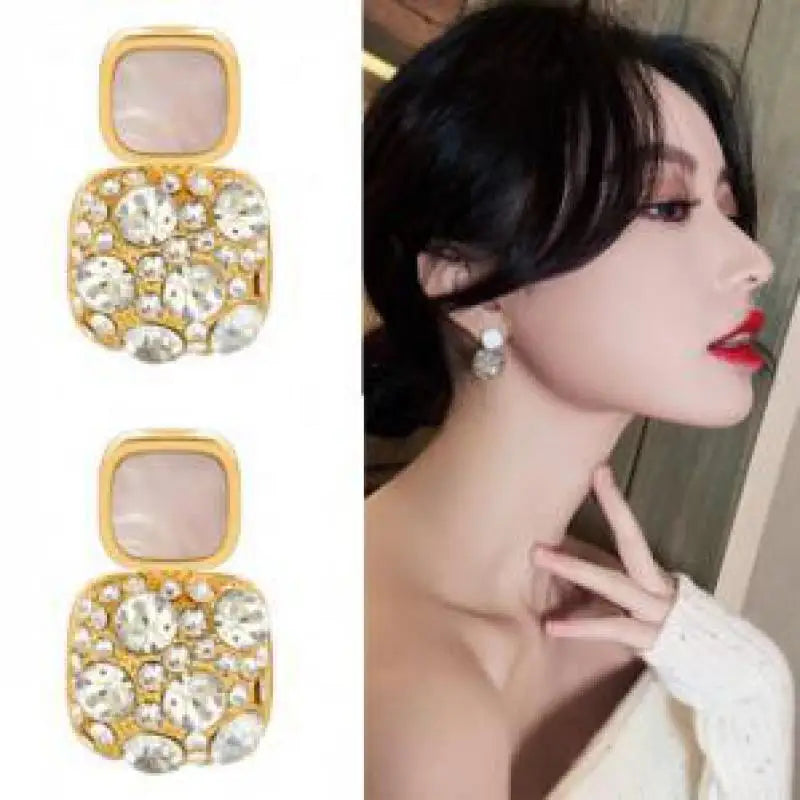 S925 Silver Needle Purple Personality Square Rhinestone Dripping Oil New Temperament Net Red Earrings Wedding Gift Jewelry