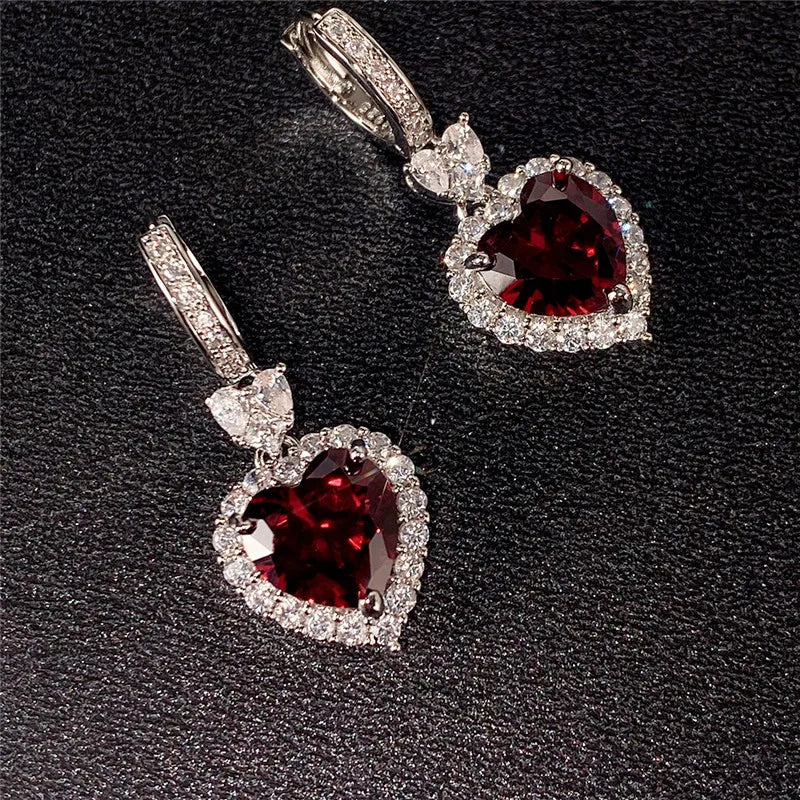Huitan Blue/Garnet Heart Cubic Zirconia Wedding Earrings for Women Eternity Love Earrings Engagement Accessories Fashion Jewelry