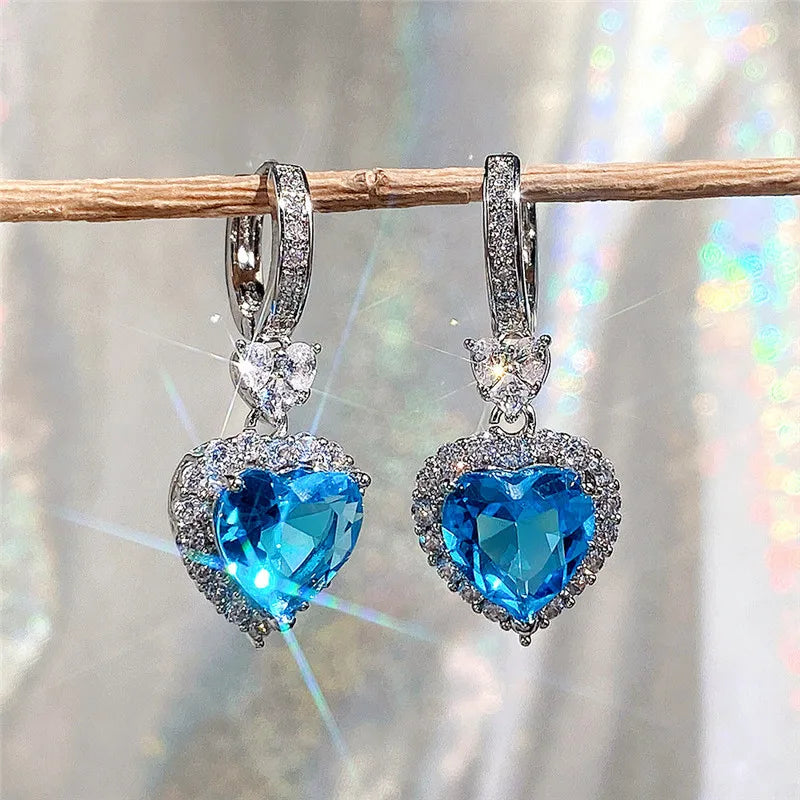 Huitan Blue/Garnet Heart Cubic Zirconia Wedding Earrings for Women Eternity Love Earrings Engagement Accessories Fashion Jewelry