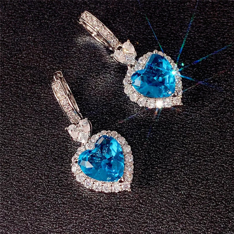 Huitan Blue/Garnet Heart Cubic Zirconia Wedding Earrings for Women Eternity Love Earrings Engagement Accessories Fashion Jewelry