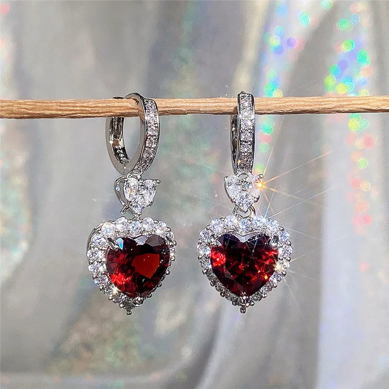 Huitan Blue/Garnet Heart Cubic Zirconia Wedding Earrings for Women Eternity Love Earrings Engagement Accessories Fashion Jewelry