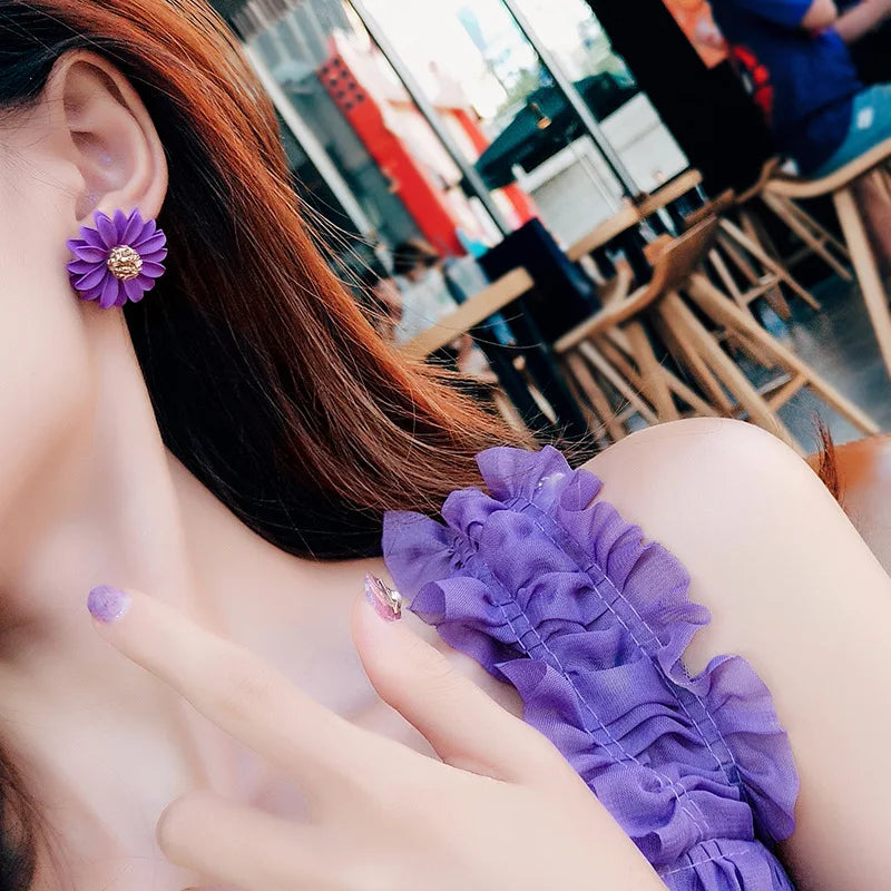 Sweet Purple Flower Butterfly Geometric Drop Earrings for Women Daisy Heart C-Shaped Round Sqaure Brincos Sweet Wedding Jewelry