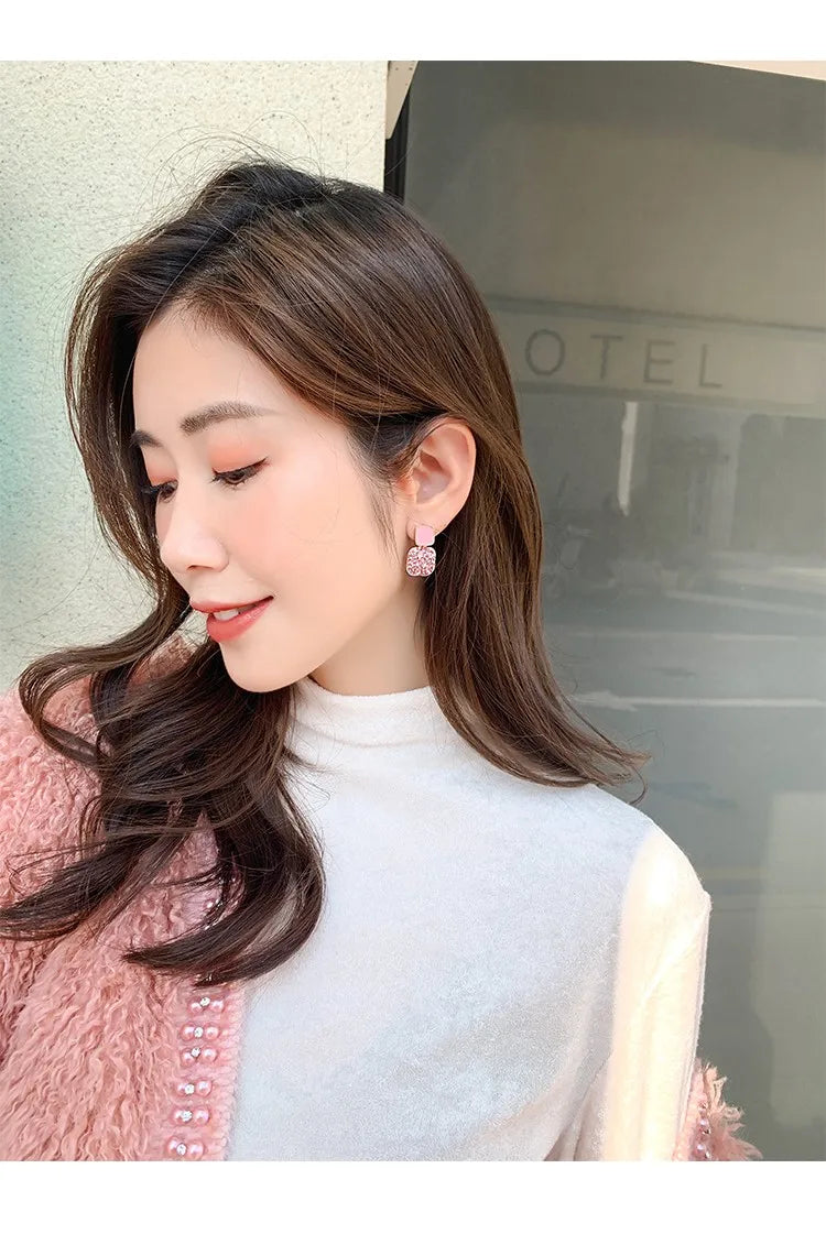 S925 Silver Needle Purple Personality Square Rhinestone Dripping Oil New Temperament Net Red Earrings Wedding Gift Jewelry