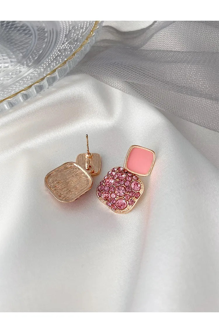 S925 Silver Needle Purple Personality Square Rhinestone Dripping Oil New Temperament Net Red Earrings Wedding Gift Jewelry
