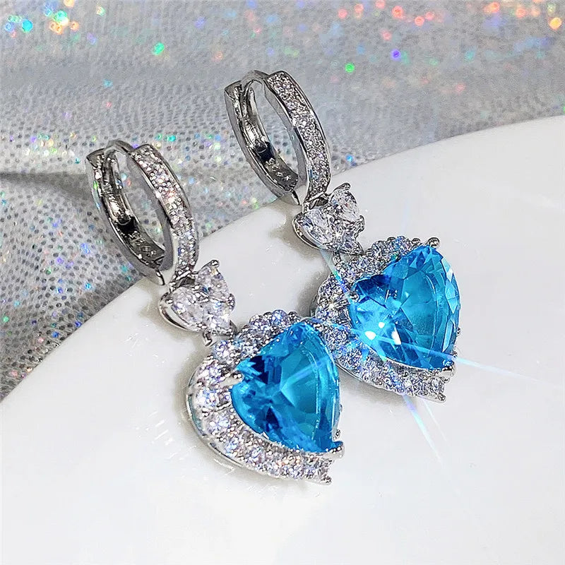 Huitan Blue/Garnet Heart Cubic Zirconia Wedding Earrings for Women Eternity Love Earrings Engagement Accessories Fashion Jewelry
