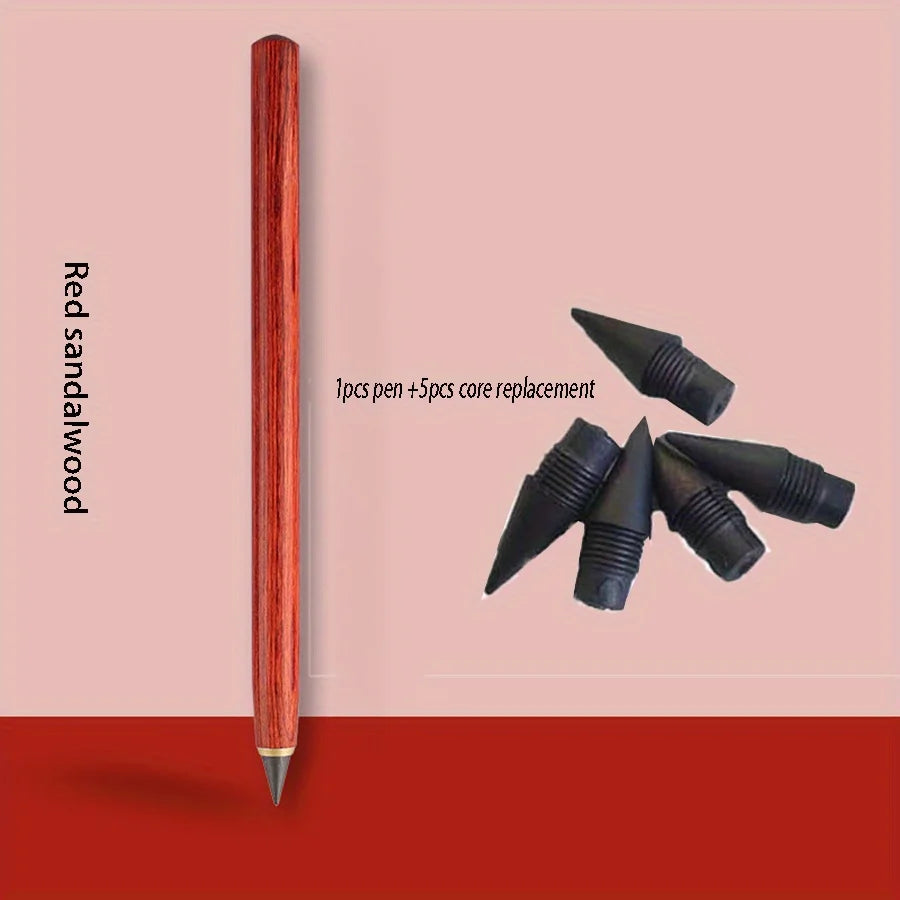 1PC Pen +5pcs Pen Tip Wooden Eternal Pencil HB Never Need Sharpening Unbreakable for Students Sketching Drawing High Tech