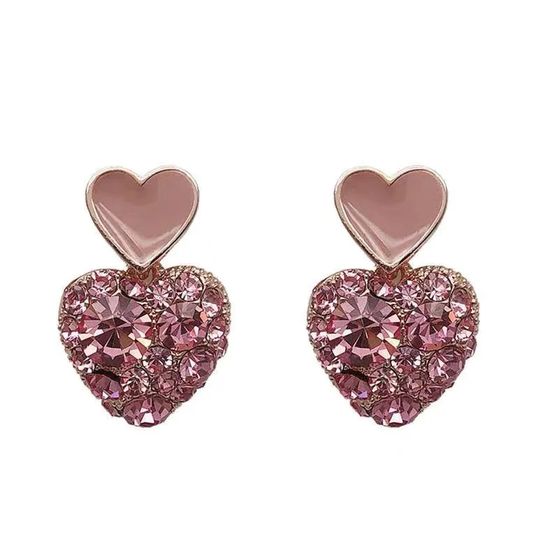 New Trend Zircon Crystal Double Pink Heart Pendant Earring for Women Geometry Brincos Wedding Jewelry Girl Gift