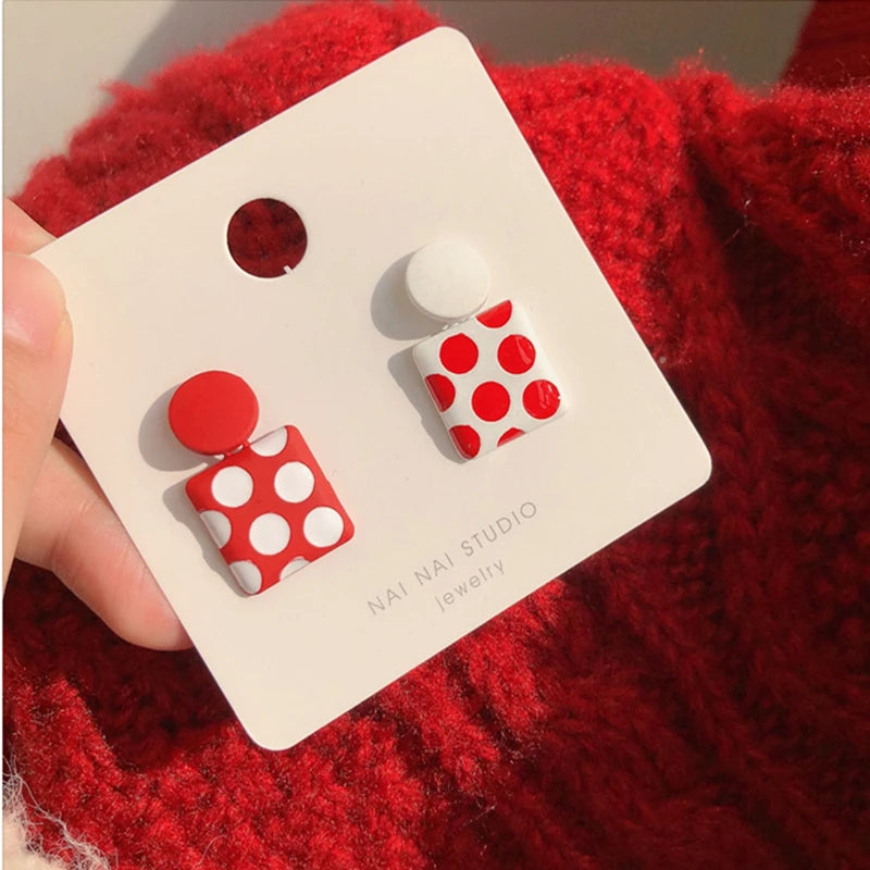 Trendy Geometric Square Red White Polka Dot Drop Earrings Korean Unique Style Asymmetric Enamel Ear Jewelry New Year Gift
