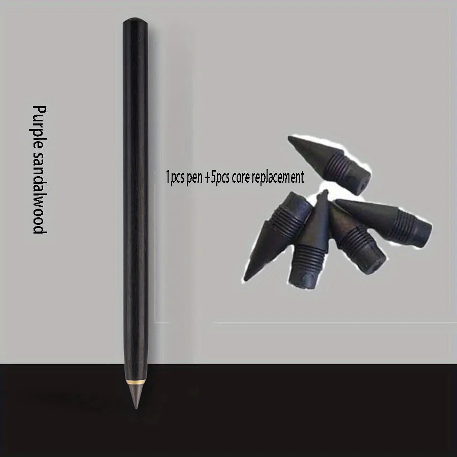 1PC Pen +5pcs Pen Tip Wooden Eternal Pencil HB Never Need Sharpening Unbreakable for Students Sketching Drawing High Tech