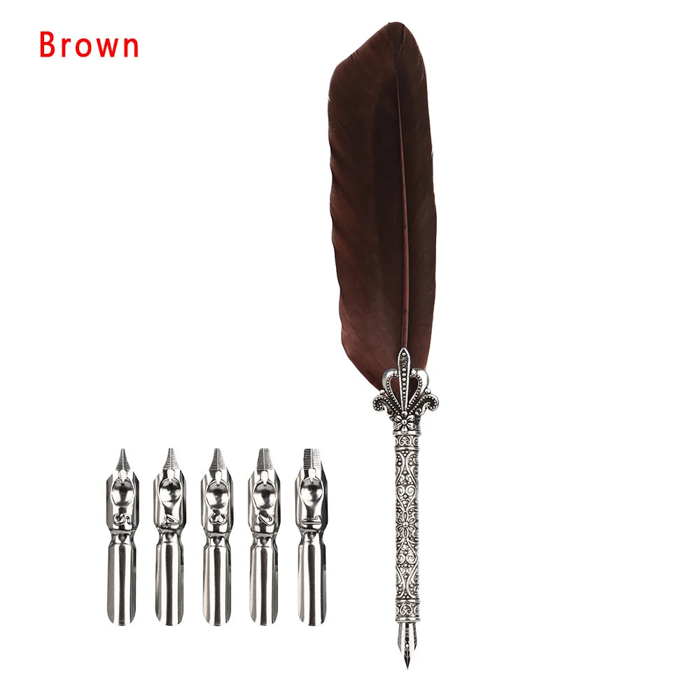 1 Set Vintage Feather Pen with 5 Pen-nib Carved Flower Nib Quill Dip Pen Oblique Pen Set Gift Writing Tools School Office Supply