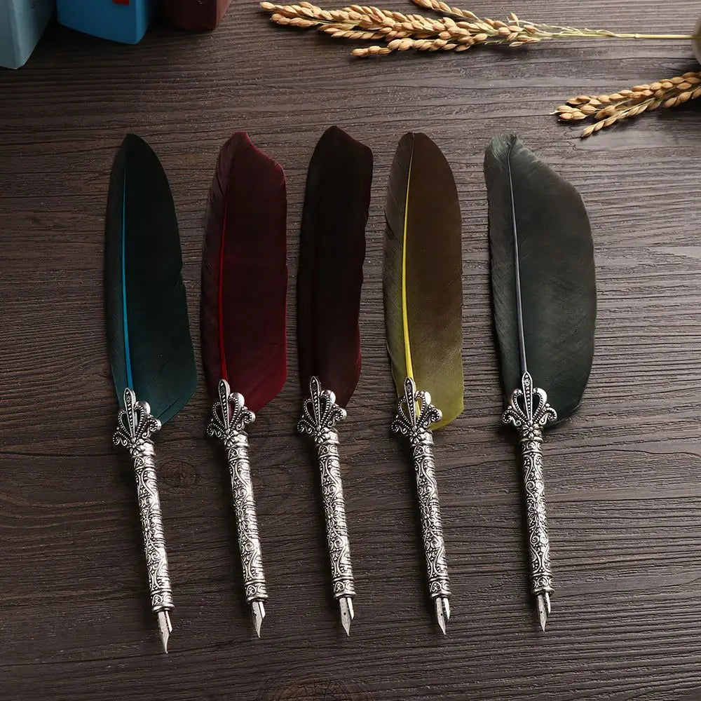 1 Set Vintage Feather Pen with 5 Pen-nib Carved Flower Nib Quill Dip Pen Oblique Pen Set Gift Writing Tools School Office Supply
