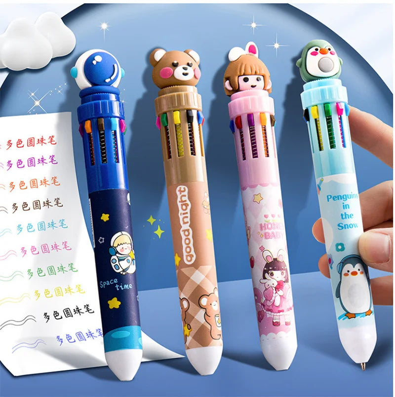 10-Color Ballpoint Pen Multifunctional Blue Black Red Pink Orange Yellow Green Blue Purple Brown Marker Pen Cartoon