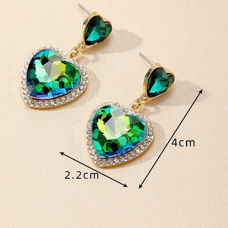 Zircon Shiny Green Crystal Heart Drop Earrings For Women Rhinestone Trendy Love Dangle Earings Eardrop Christmas Gift Jewelry