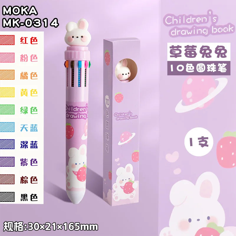 10-Color Ballpoint Pen Multifunctional Blue Black Red Pink Orange Yellow Green Blue Purple Brown Marker Pen Cartoon
