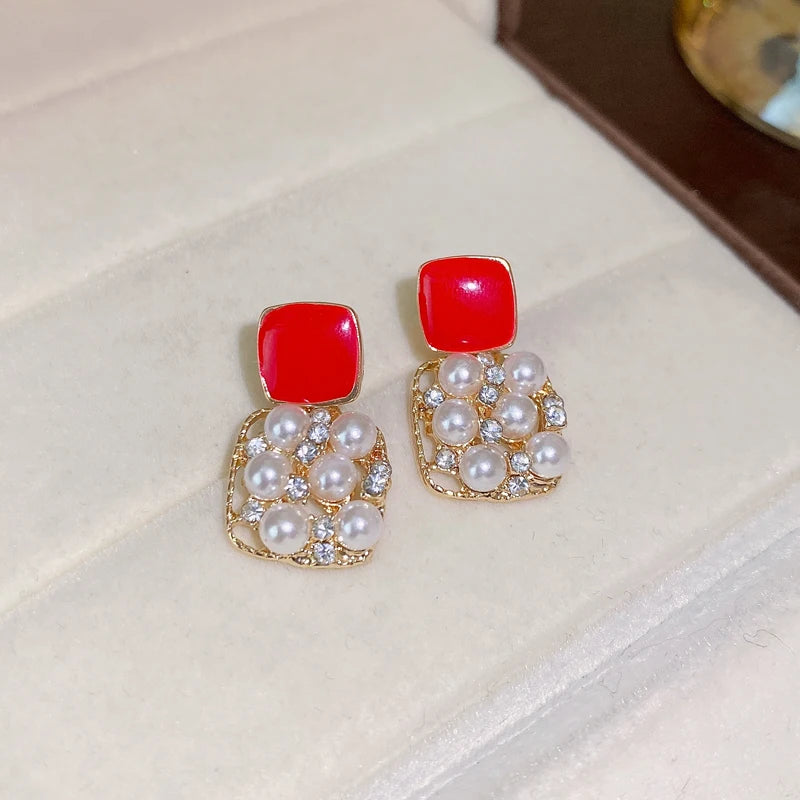Purple Rhinestone Stud Earrrings For Women Exquisite Imitation Pearl Earrings Simple Square Geometric Earrings Party Jewelry