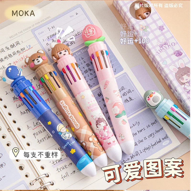 10-Color Ballpoint Pen Multifunctional Blue Black Red Pink Orange Yellow Green Blue Purple Brown Marker Pen Cartoon