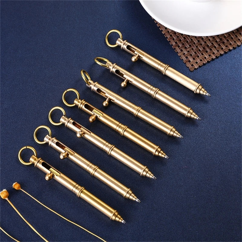 Bolt Action Metal Signing Pen Comfortable Grip Brass Ballpoint Pen with Keyring Write Smoothly for Office Women Men K1KF