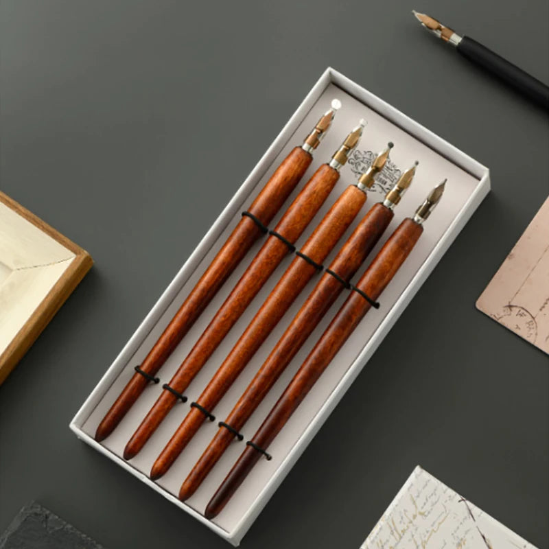5Pcs Literary Retro Wooden Dip Pen 5 Nibs Set Antique Dip Calligraphy Writing Pen Office Stationery Writing Tools