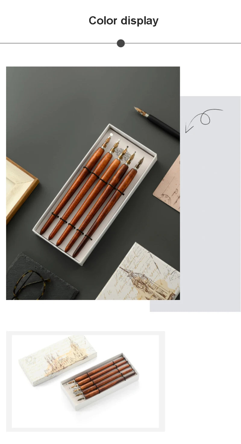 5Pcs Literary Retro Wooden Dip Pen 5 Nibs Set Antique Dip Calligraphy Writing Pen Office Stationery Writing Tools