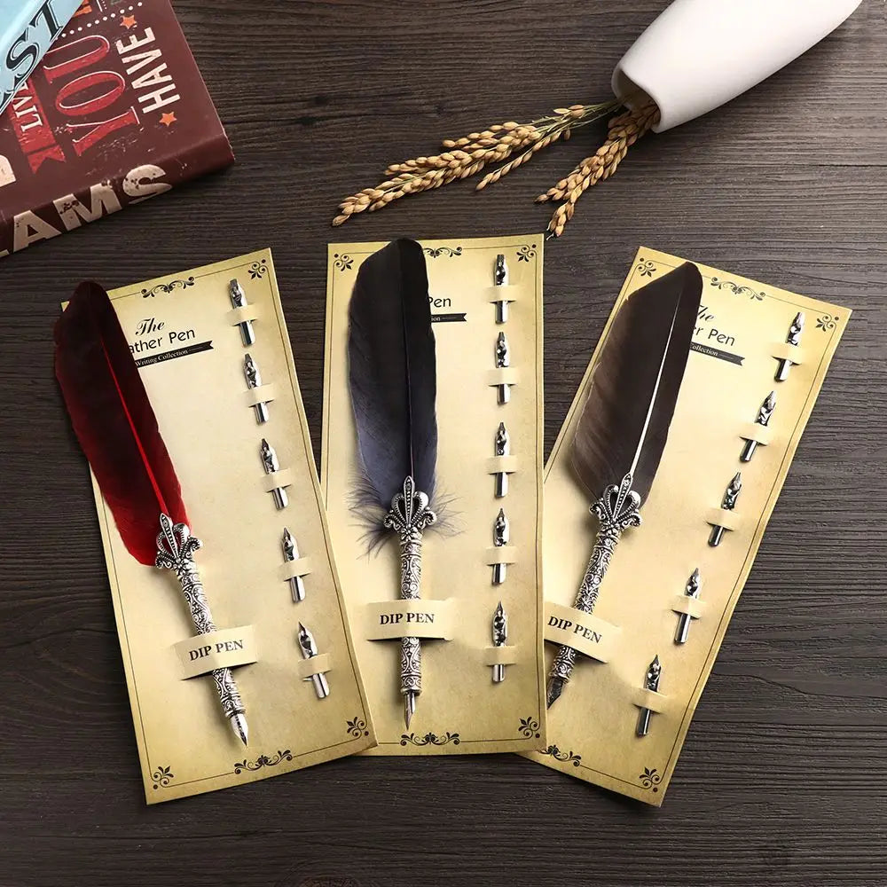 1 Set Vintage Feather Pen with 5 Pen-nib Carved Flower Nib Quill Dip Pen Oblique Pen Set Gift Writing Tools School Office Supply