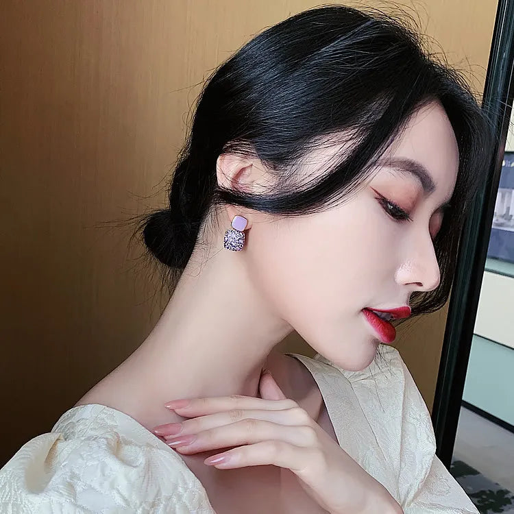 Purple Rhinestone Stud Earrrings For Women Exquisite Imitation Pearl Earrings Simple Square Geometric Earrings Party Jewelry