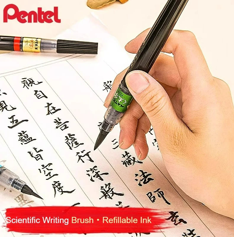 PENTEL Scientific Writing Portable Brush Pen Soft - tipped Calligraphy Practice Pen Refillable Ink Small Regular Script