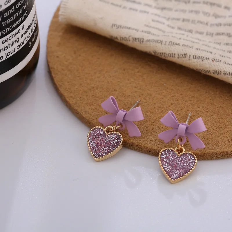 Elegant Purple Crystal Heart Dangle Earrings Fashion Korean Lovely Bow Drop Earrings Romantic Girls Women Party Jewelry