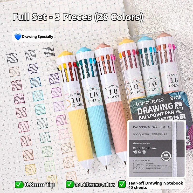 28/30 Colors Multicolor Ballpoint Pen Set 0.8mm, 10-in-1 Colored Pens Fine Point Retractable Ballpoint Pens for Office School