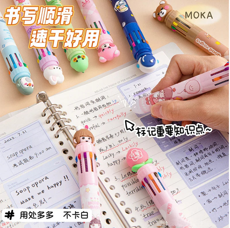 10-Color Ballpoint Pen Multifunctional Blue Black Red Pink Orange Yellow Green Blue Purple Brown Marker Pen Cartoon