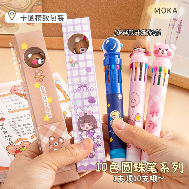 10-Color Ballpoint Pen Multifunctional Blue Black Red Pink Orange Yellow Green Blue Purple Brown Marker Pen Cartoon