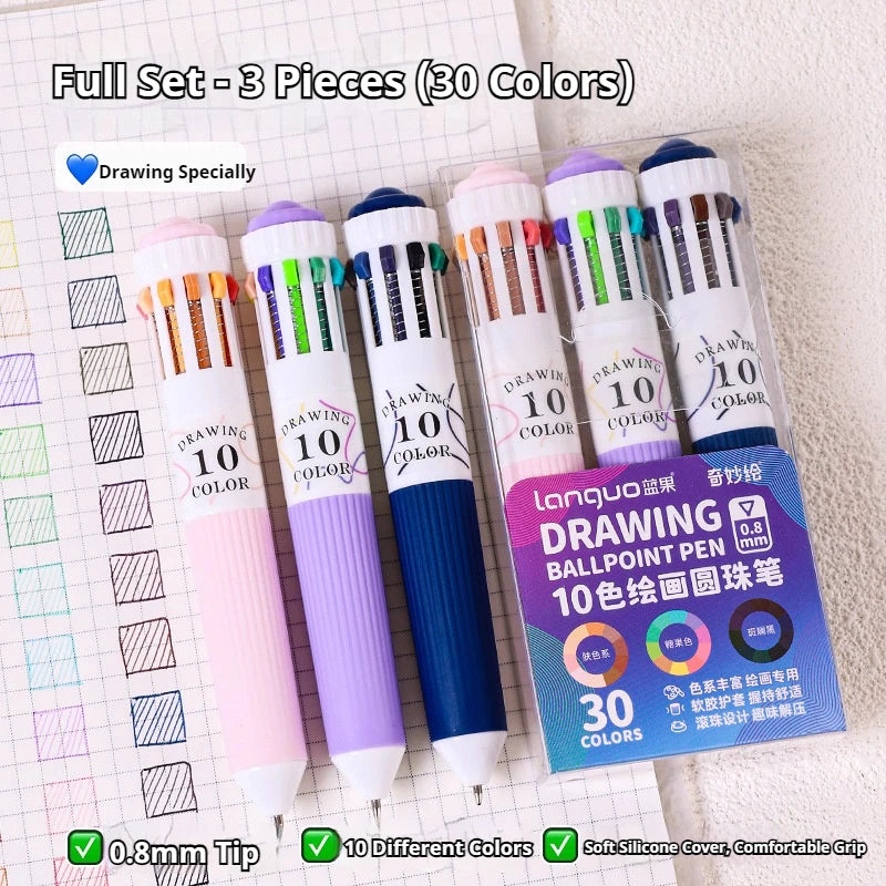 28/30 Colors Multicolor Ballpoint Pen Set 0.8mm, 10-in-1 Colored Pens Fine Point Retractable Ballpoint Pens for Office School