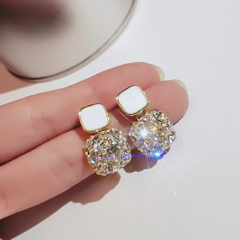Purple Rhinestone Stud Earrrings For Women Exquisite Imitation Pearl Earrings Simple Square Geometric Earrings Party Jewelry