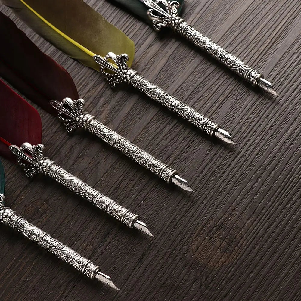 1 Set Vintage Feather Pen with 5 Pen-nib Carved Flower Nib Quill Dip Pen Oblique Pen Set Gift Writing Tools School Office Supply