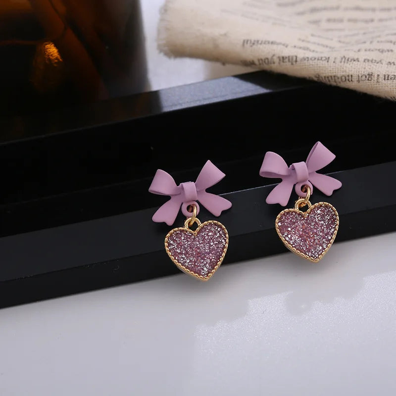 Elegant Purple Crystal Heart Dangle Earrings Fashion Korean Lovely Bow Drop Earrings Romantic Girls Women Party Jewelry