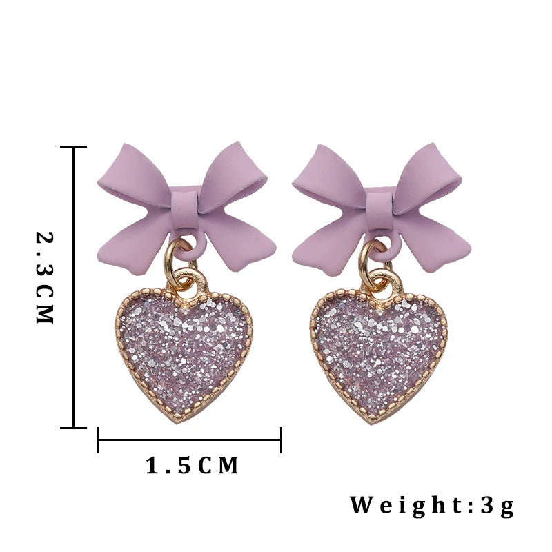 Elegant Purple Crystal Heart Dangle Earrings Fashion Korean Lovely Bow Drop Earrings Romantic Girls Women Party Jewelry