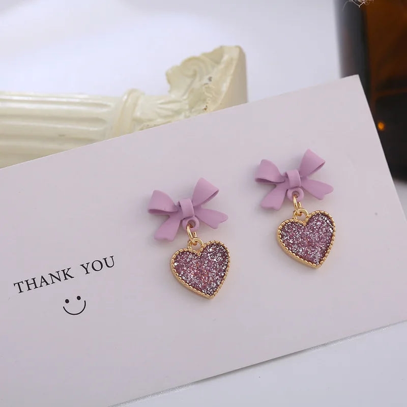 Elegant Purple Crystal Heart Dangle Earrings Fashion Korean Lovely Bow Drop Earrings Romantic Girls Women Party Jewelry