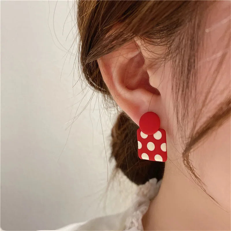 Trendy Geometric Square Red White Polka Dot Drop Earrings Korean Unique Style Asymmetric Enamel Ear Jewelry New Year Gift
