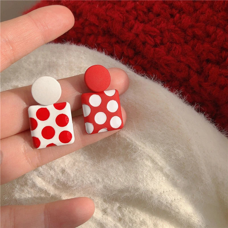 Trendy Geometric Square Red White Polka Dot Drop Earrings Korean Unique Style Asymmetric Enamel Ear Jewelry New Year Gift