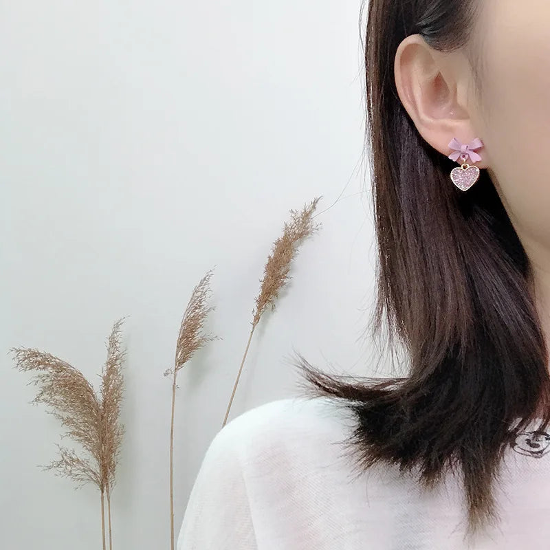 Elegant Purple Crystal Heart Dangle Earrings Fashion Korean Lovely Bow Drop Earrings Romantic Girls Women Party Jewelry