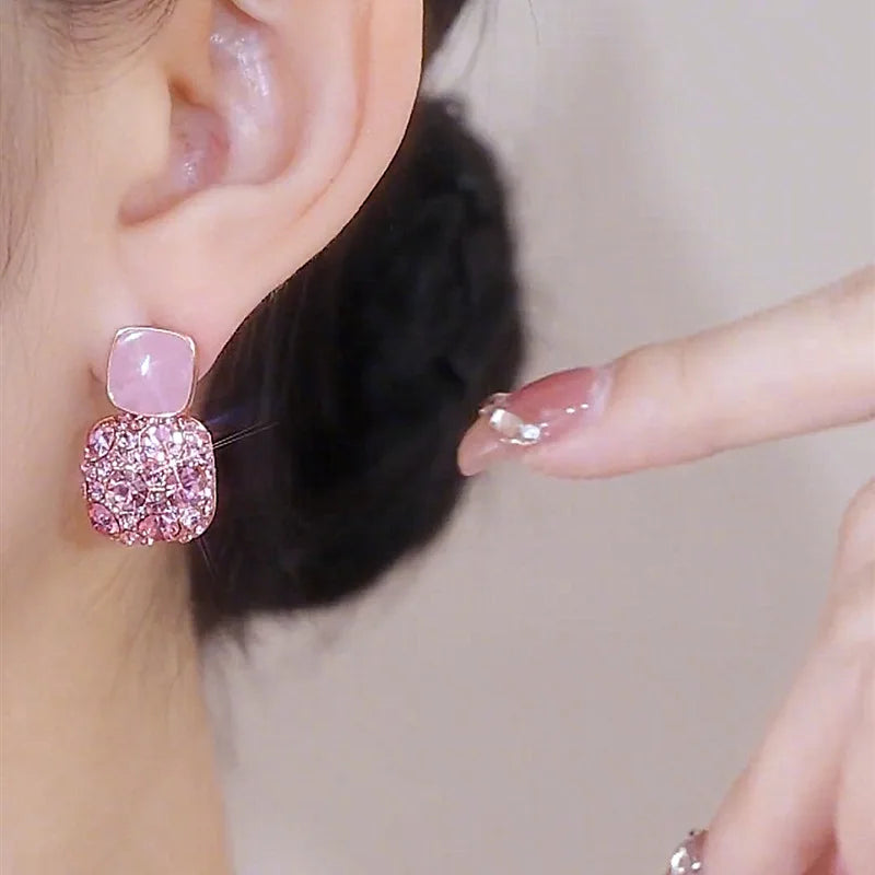 Purple Rhinestone Stud Earrrings For Women Exquisite Imitation Pearl Earrings Simple Square Geometric Earrings Party Jewelry