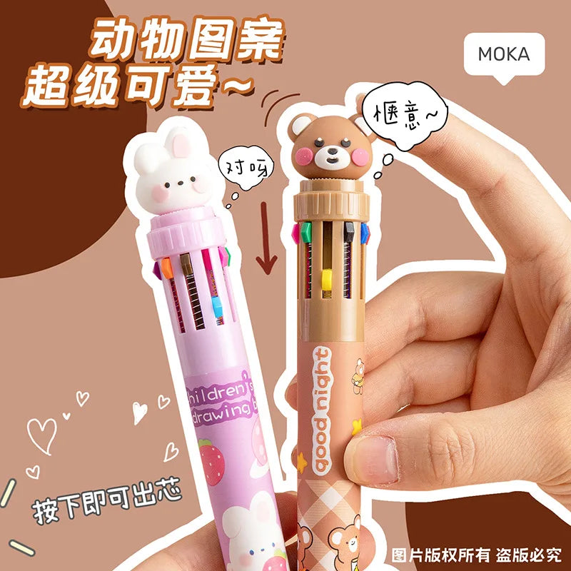 10-Color Ballpoint Pen Multifunctional Blue Black Red Pink Orange Yellow Green Blue Purple Brown Marker Pen Cartoon