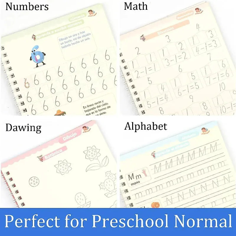 4Books Magic Writing Book in Spanish Calligraphy Notebook Montessori Kids Reusable Educational Calligraphic Letter Practice Toy