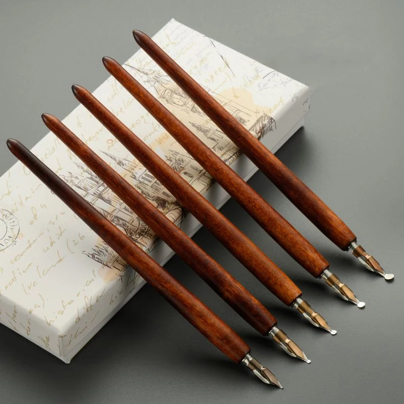 5Pcs Literary Retro Wooden Dip Pen 5 Nibs Set Antique Dip Calligraphy Writing Pen Office Stationery Writing Tools