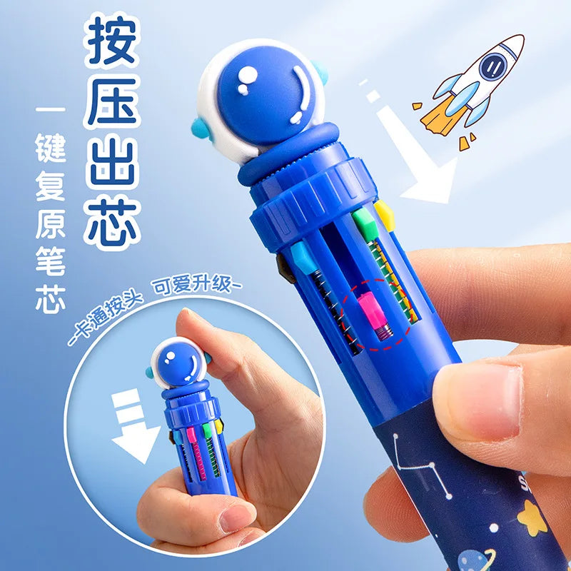 10-Color Ballpoint Pen Multifunctional Blue Black Red Pink Orange Yellow Green Blue Purple Brown Marker Pen Cartoon